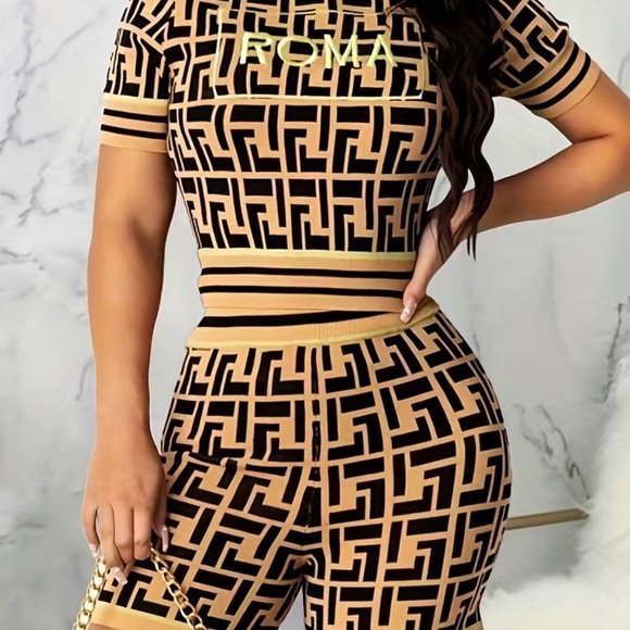 Geometric Print Casual Two-piece Set, Crew Neck Short Sleeve T-shirt & Slim High - Picture 2 of 3